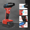 Red and black cordless handheld jet blower with a power switch and adjustable speed settings