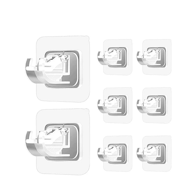 Eight invisible no-drill curtain rod brackets shown in various angles and lighting.