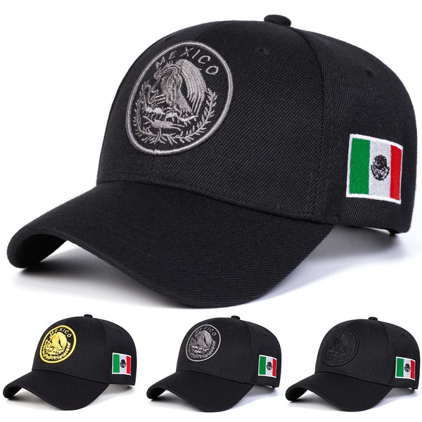 Black embroidered unisex baseball cap featuring an eagle emblem and the Mexican flag patch