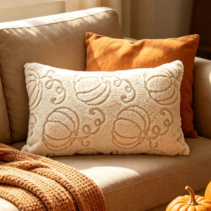 A beige sofa with an orange pillow and a cream plush throw pillow on it, next to a golden pumpkin.