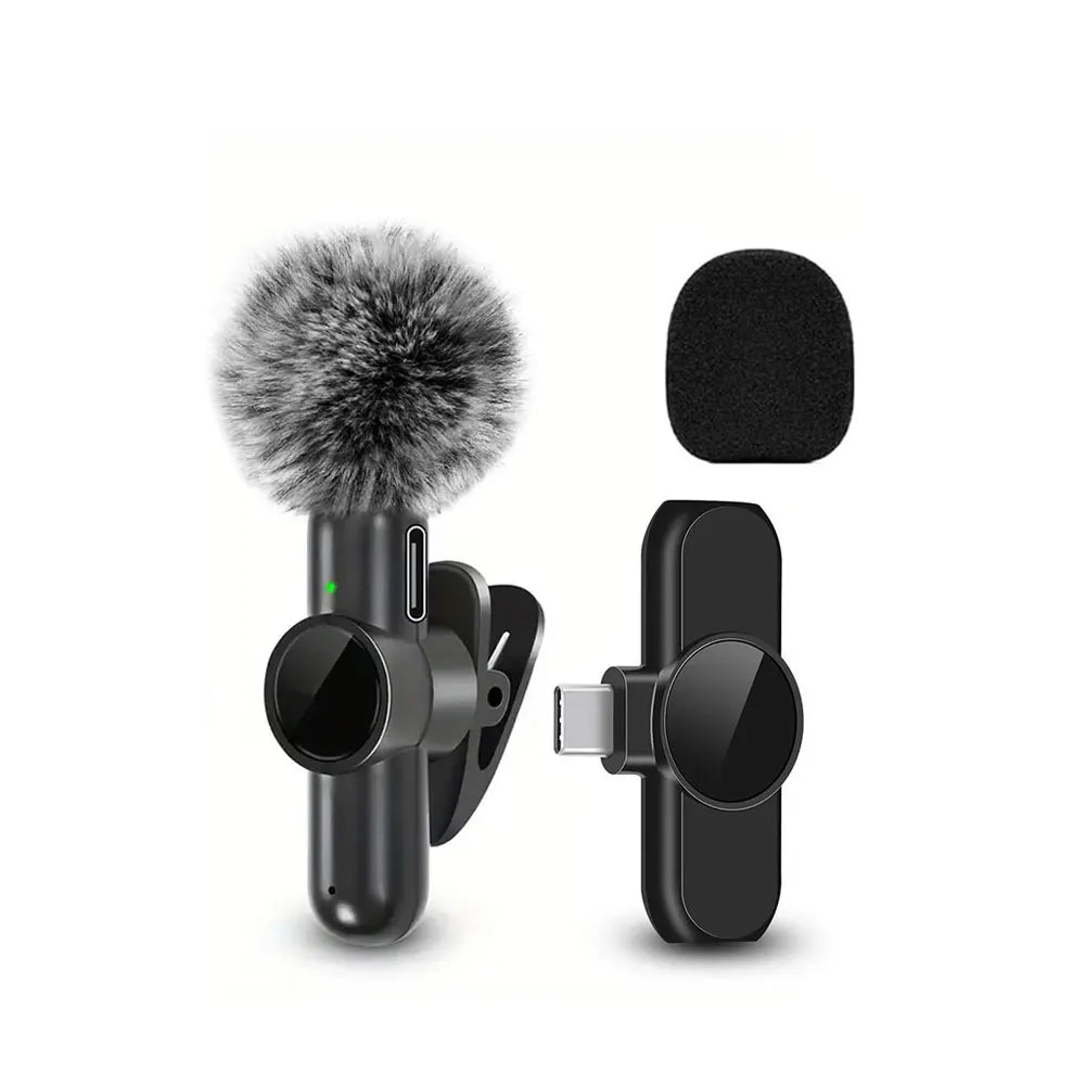 A black wireless lavalier microphone with a fuzzy windscreen and a detachable clip is shown.