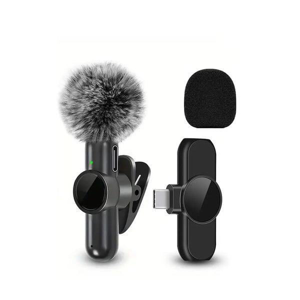 A black wireless lavalier microphone with a fuzzy windscreen and a detachable clip is shown.