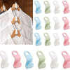 A collection of light blue and pink plastic hooks used as connectors for space-saving clothes hangers.