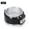 A black heavy-duty aluminum V-band clamp and flange assembly with a clear glass insert.