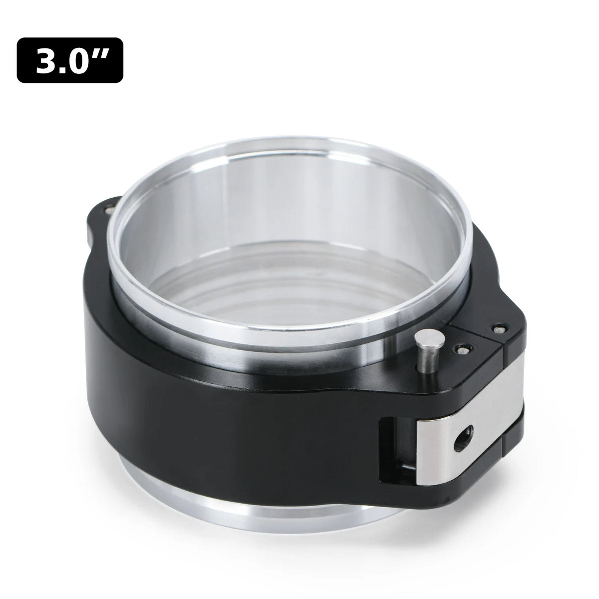 A black heavy-duty aluminum V-band clamp and flange assembly with a clear glass insert.