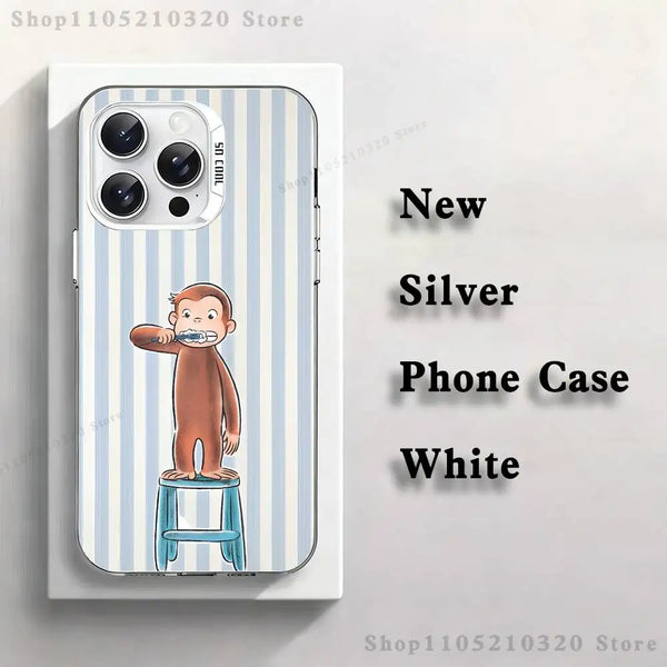 Funda para teléfono de rayas plateadas y blancas con un diseño de mono en un bloque de hielo.