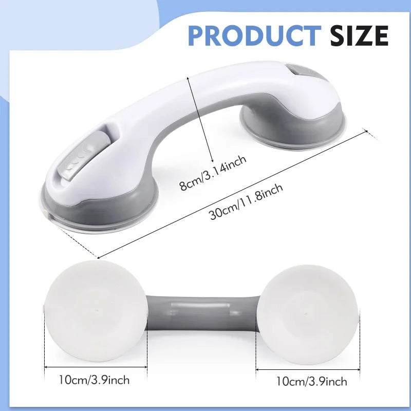 A white and gray vacuum suction grab bar is shown in two views, demonstrating its size and design.