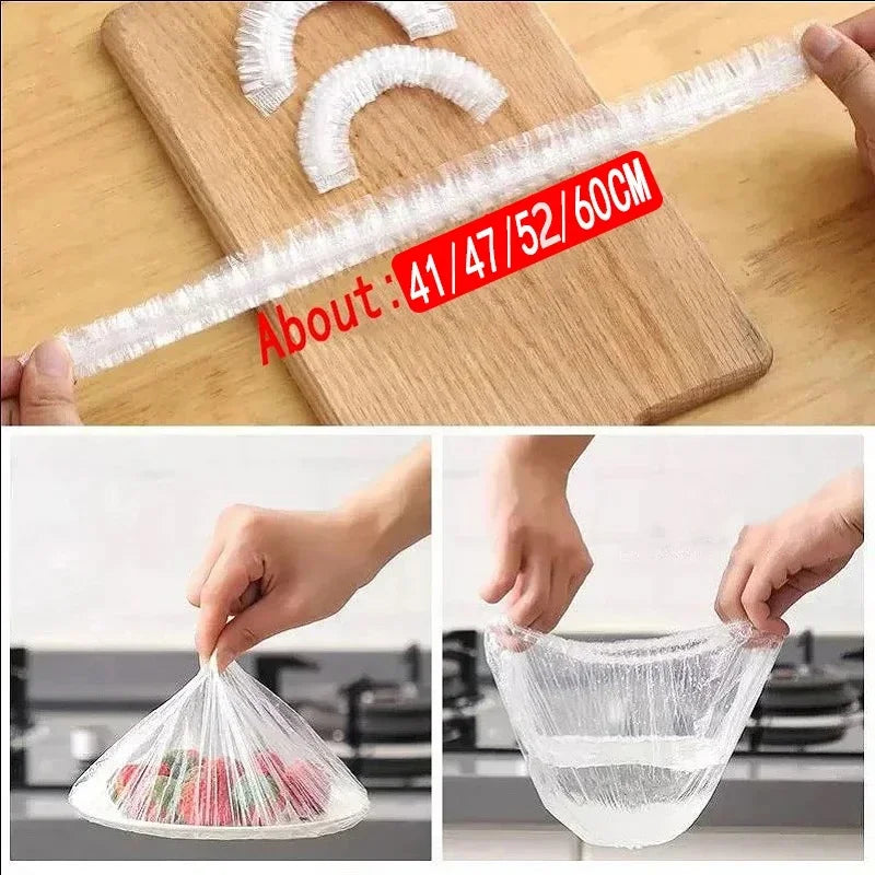 Reusable elastic food covers shown in various forms including a strip and a mesh bag for kitchen organization
