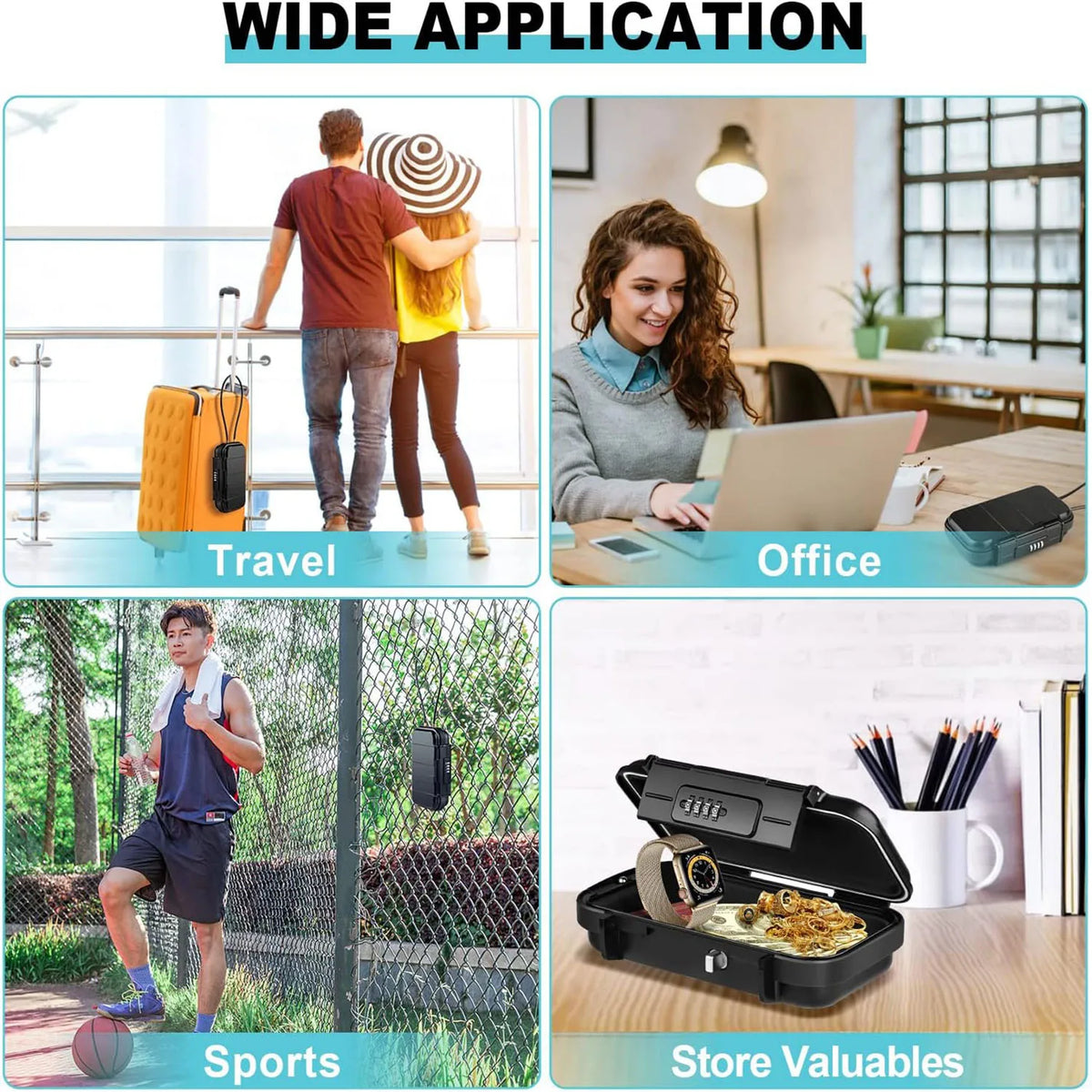 Portable travel safe lock box with combination lock and detachable cable shown in various contexts like office, travel, sport