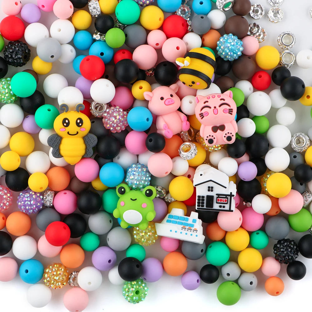 A collection of 45 round silicone 3D animal beads in various colors and shapes for jewelry making