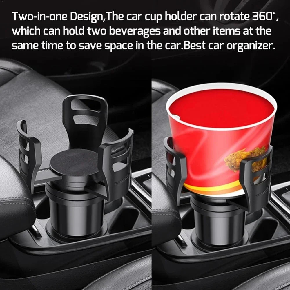 A close-up view of a black two-in-one car cup holder rotating 360 degrees, holding two beverages and other items.