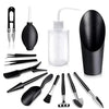 A black succulent and bonsai gardening tool kit featuring various small tools like tweezers, scoops, and a pipette.
