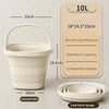 A white collapsible outdoor bucket with a carry handle shown in its deployed state and folded flat for storage.