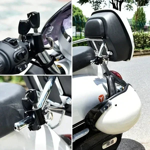 Close-up view of an anti-theft helmet lock designed for motorcycle and bicycle handlebars.