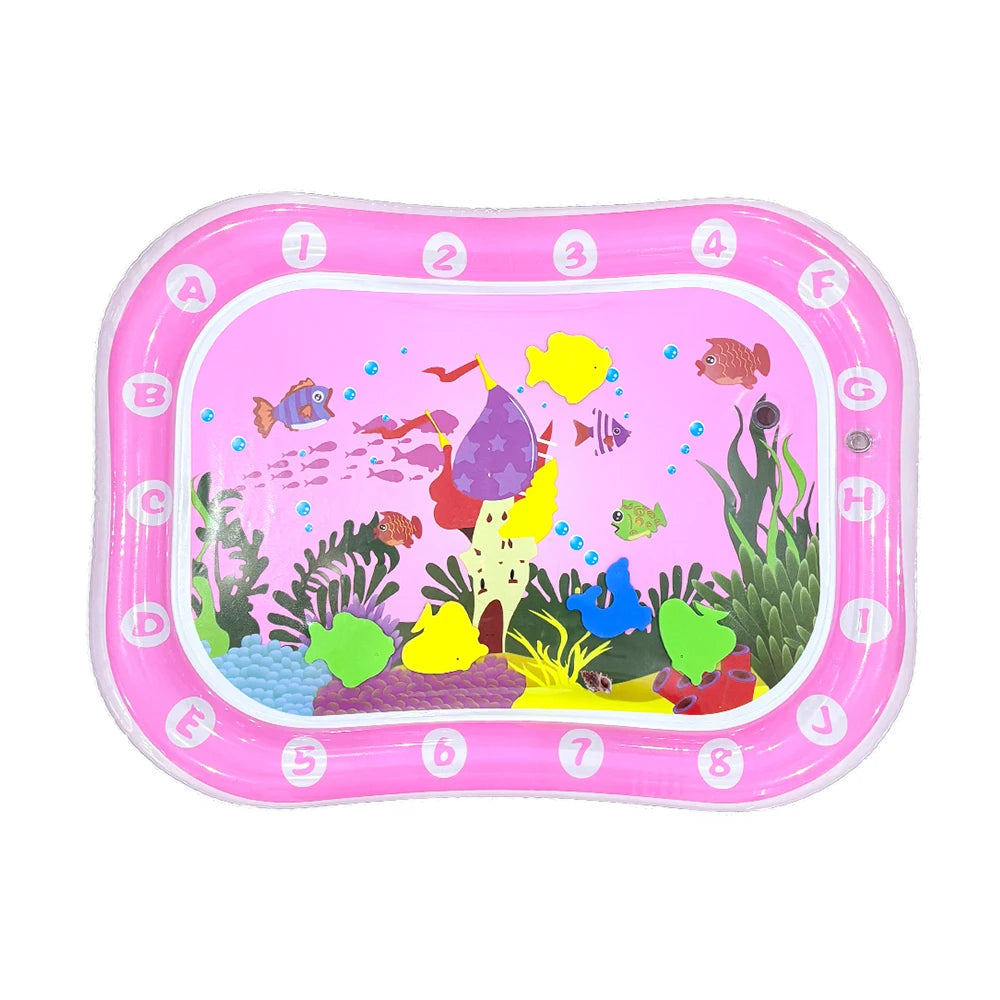 Pink inflatable baby water play mat with numbered sections and floating fish toys