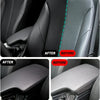 Before and after comparison of a car plastic restorer coating on black and gray car interior trim.