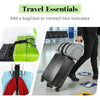 Travel essentials showing a lime green suitcase, a black suitcase, and luggage connector straps.
