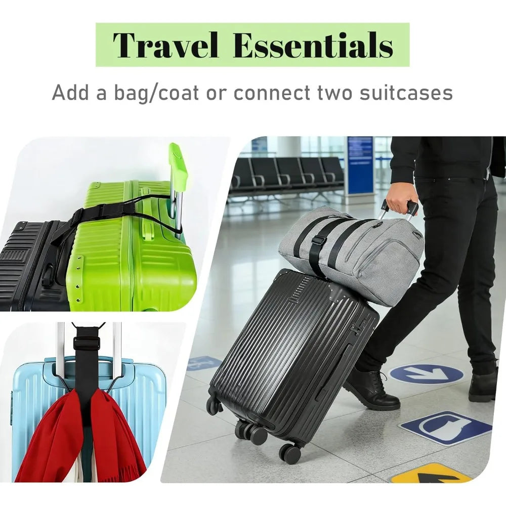 Travel essentials showing a lime green suitcase, a black suitcase, and luggage connector straps.