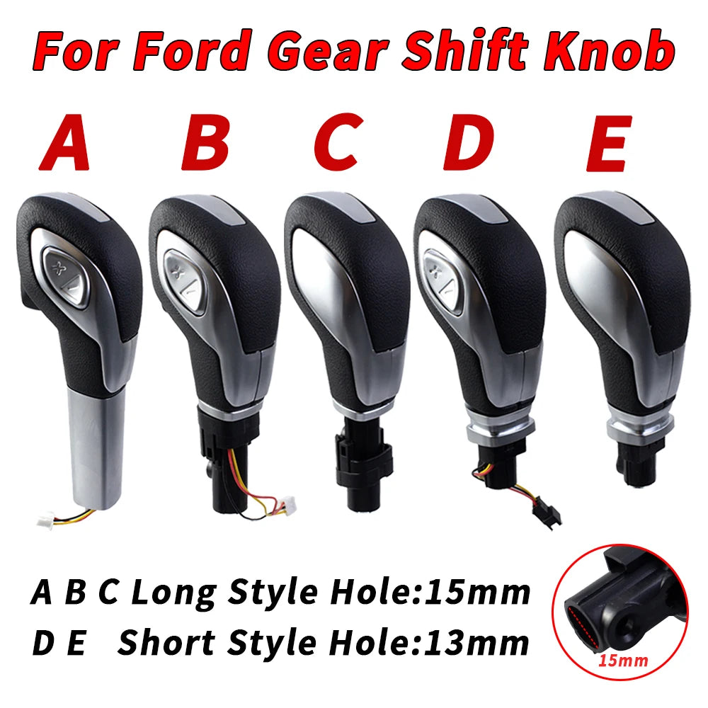 Set of five gear shift knobs for Ford models labeled A through E, showing long and short style holes.