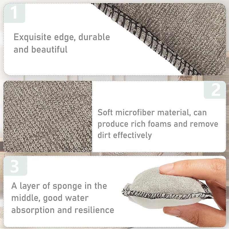 Three steps showing the features of a dual-sided car interior cleaning sponge set including durability, microfiber material, 