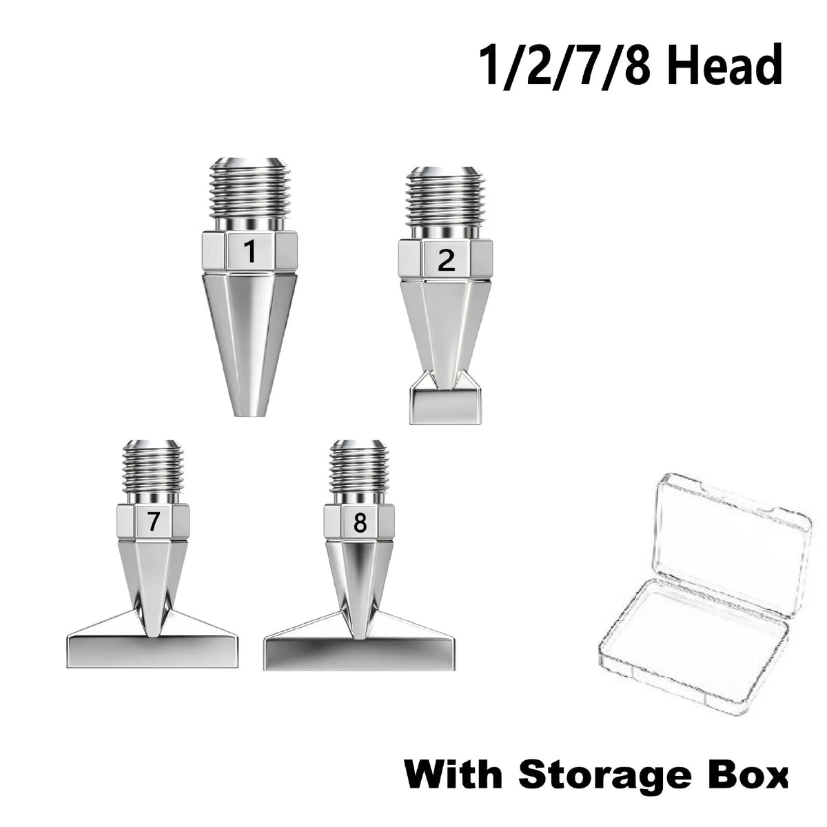 Stainless steel diamond painting pen tip set with screw-on handles numbered 1, 2, 7, and 8 with a storage box