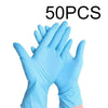 A pair of light blue disposable nitrile gloves shown against a white background.