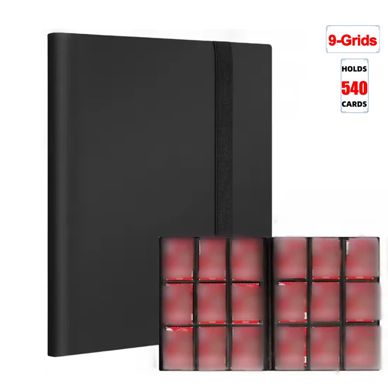 A black card binder album with a black cover and a black strap, showing nine grids that hold 540 cards.