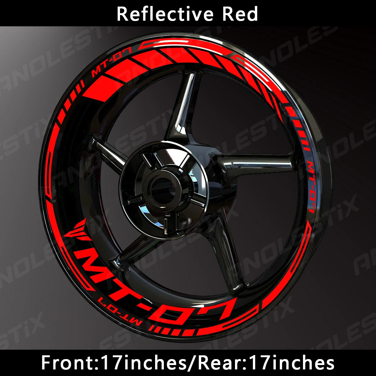Reflective red decals for a motorcycle wheel rim featuring the MT-07 branding.
