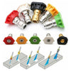 A set of five high pressure washer nozzles in various colors including red, orange, black, and green.