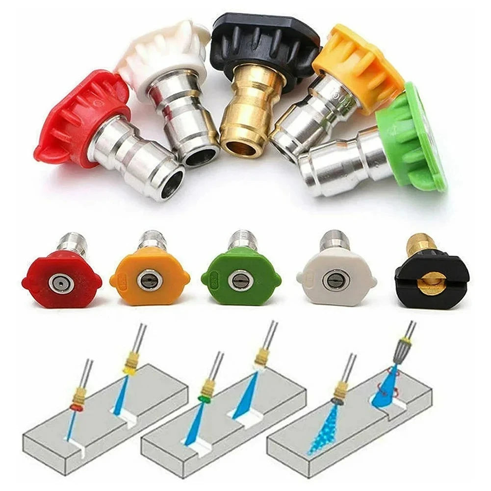 A set of five high pressure washer nozzles in various colors including red, orange, black, and green.
