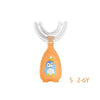 Orange U-shaped silicone toothbrush for children with a blue bird design