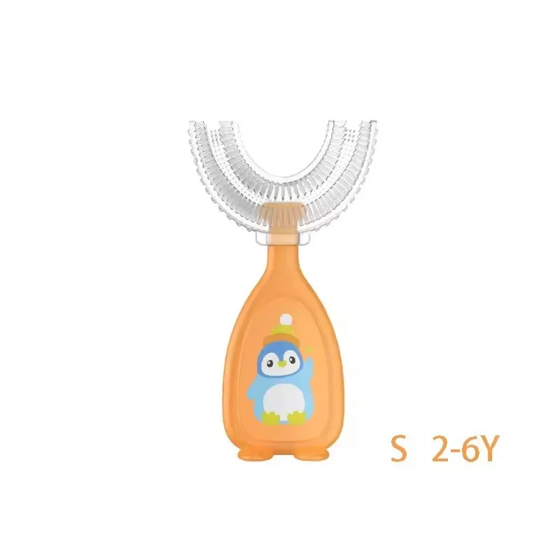 Orange U-shaped silicone toothbrush for children with a blue bird design