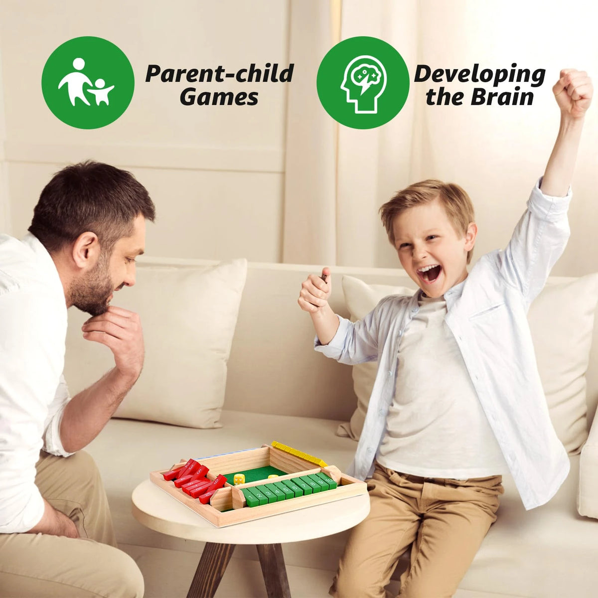 A father and son play a classic shut the box wooden dice game on a coffee table.