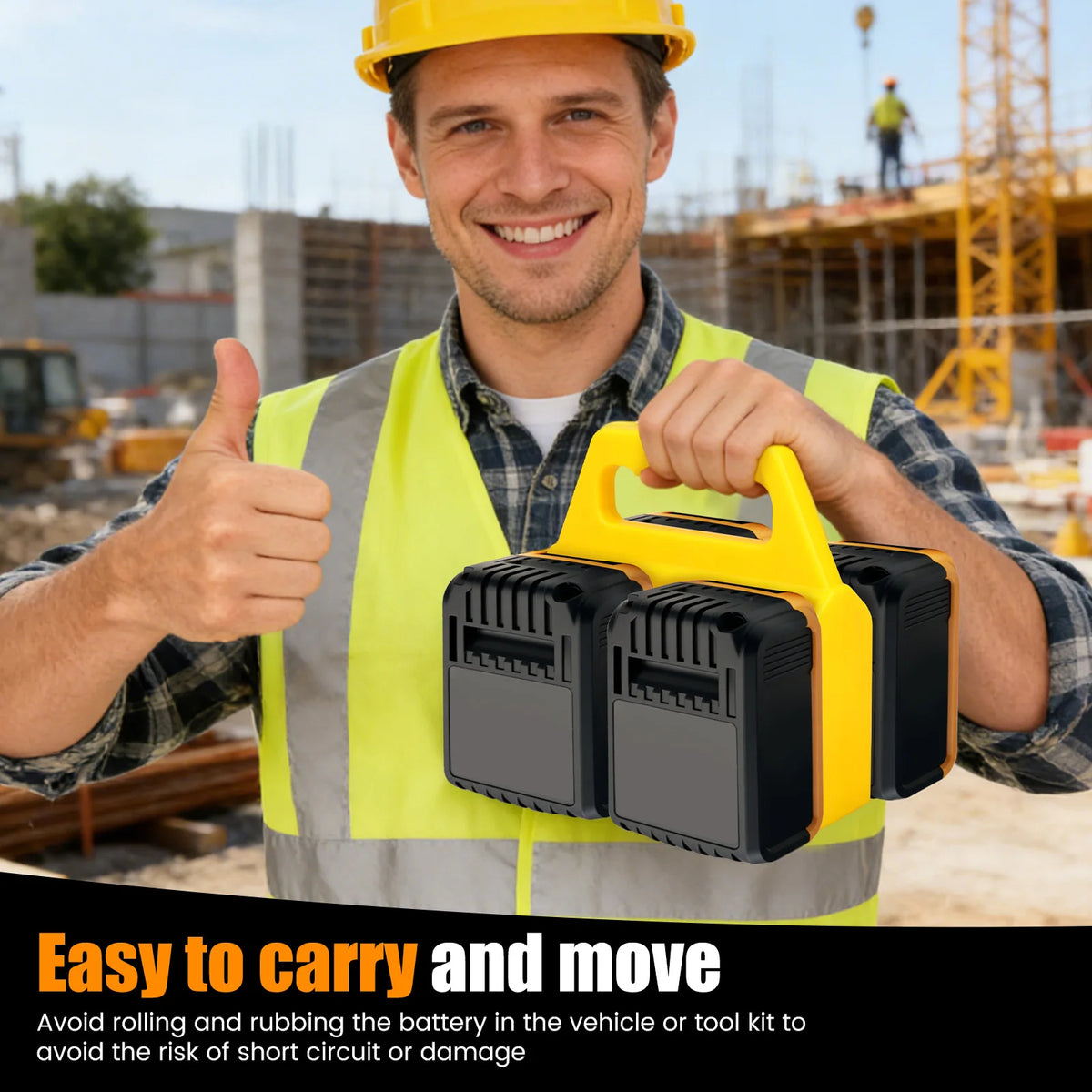 A smiling man wearing a safety vest holds a yellow portable battery storage organizer for power tool batteries.