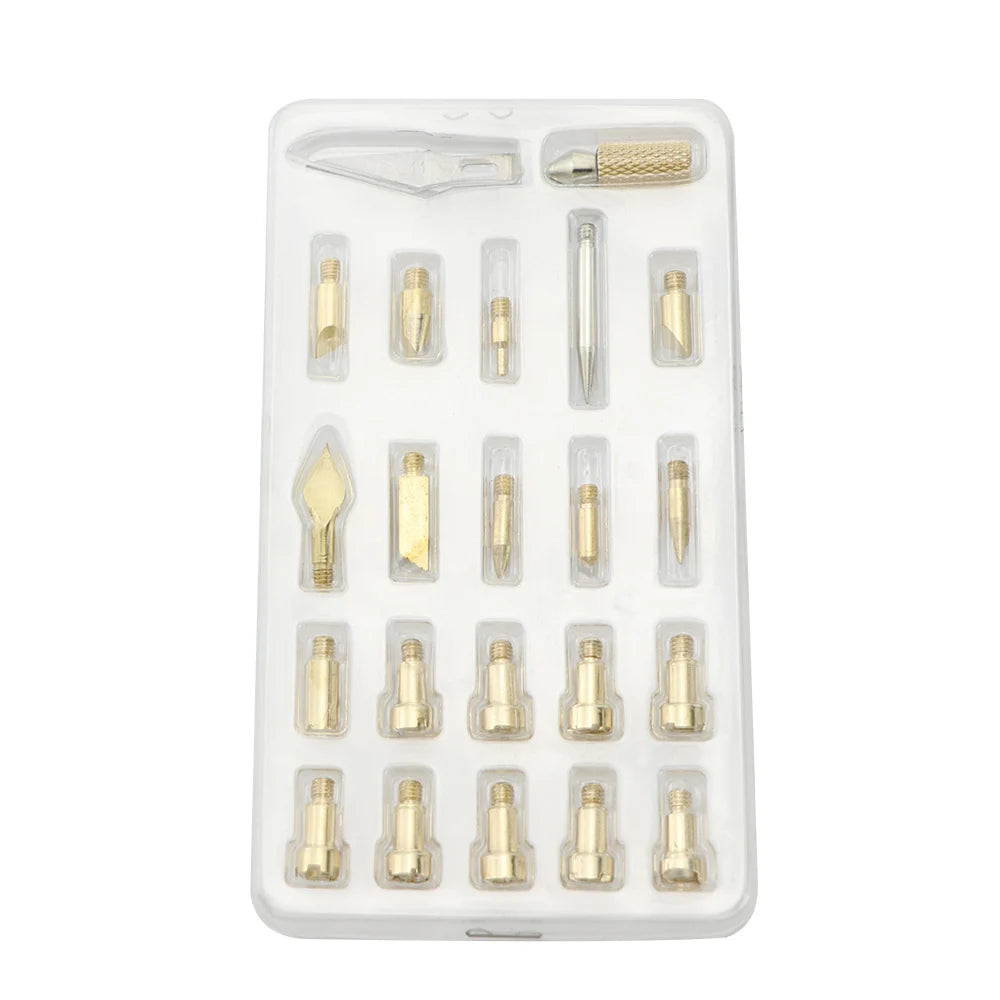 A white kit containing various tools and tips for wood burning and soldering.