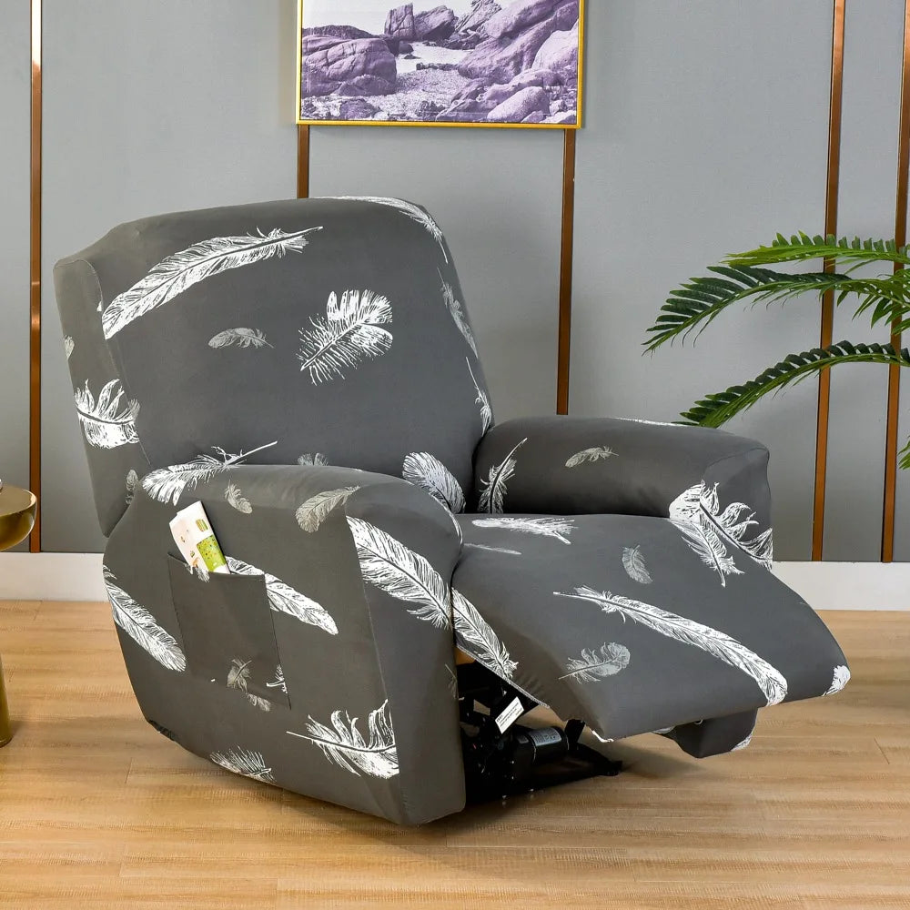 Printed Recliner Cover with Side Pocket — 4-Piece Set