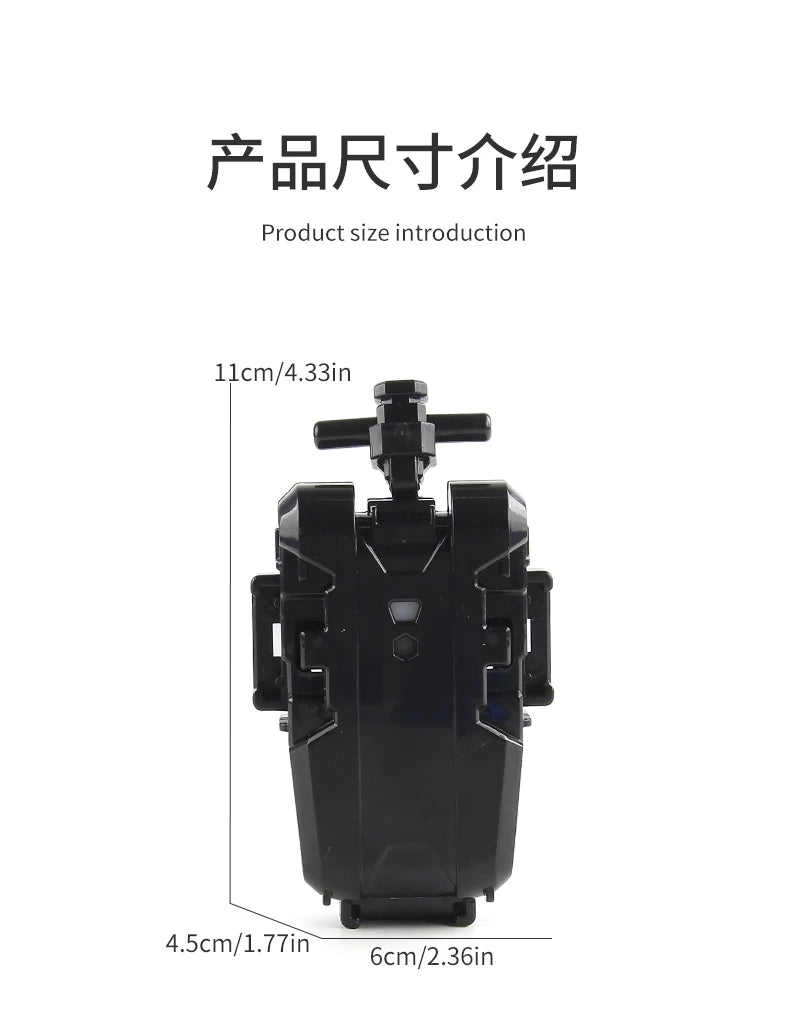 Product size introduction showing dimensions of a black Beyblade launcher.