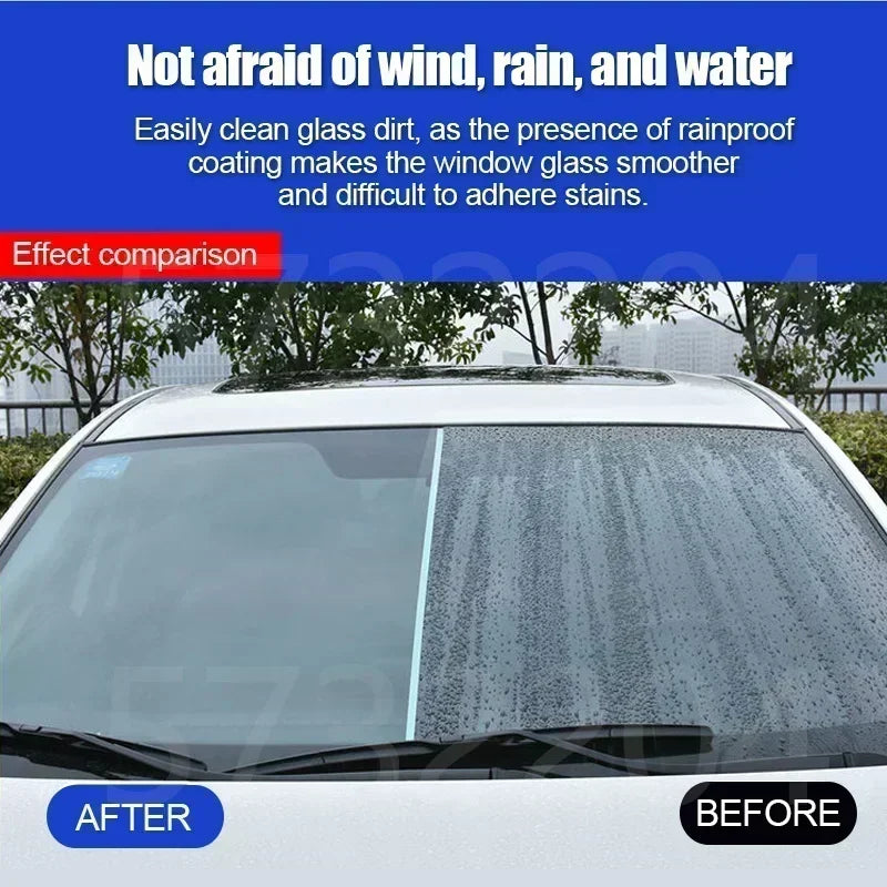 A car window coated with a hydrophobic glass rain repellent spray, showing the difference before and after application.