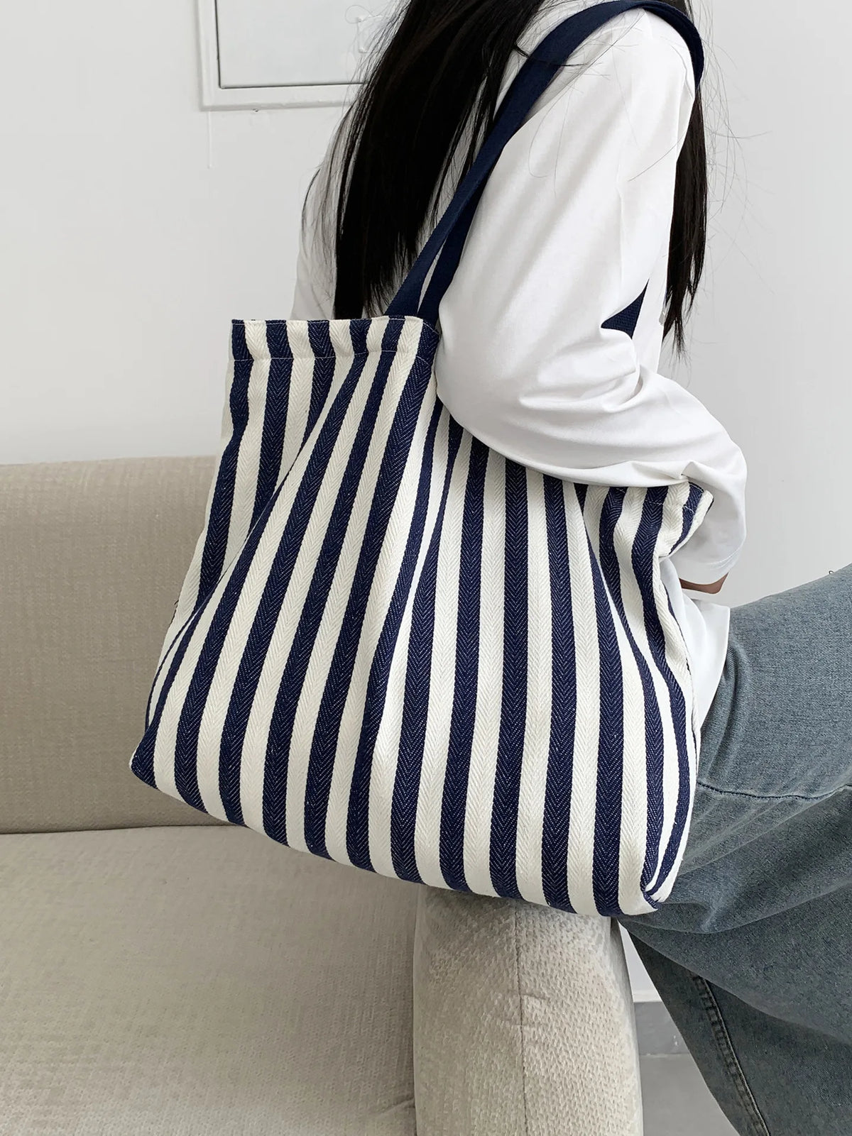 Striped Canvas Shoulder Tote Bag