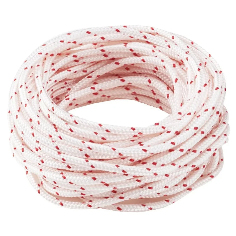 Pink nylon recoil starter rope with red dots coiled for chainsaw and trimmer use