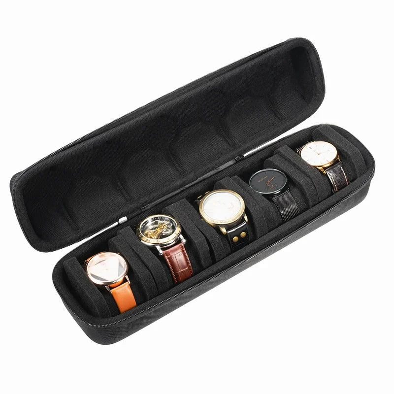 Black portable leather watch travel case with soft lining displaying several wristwatches.