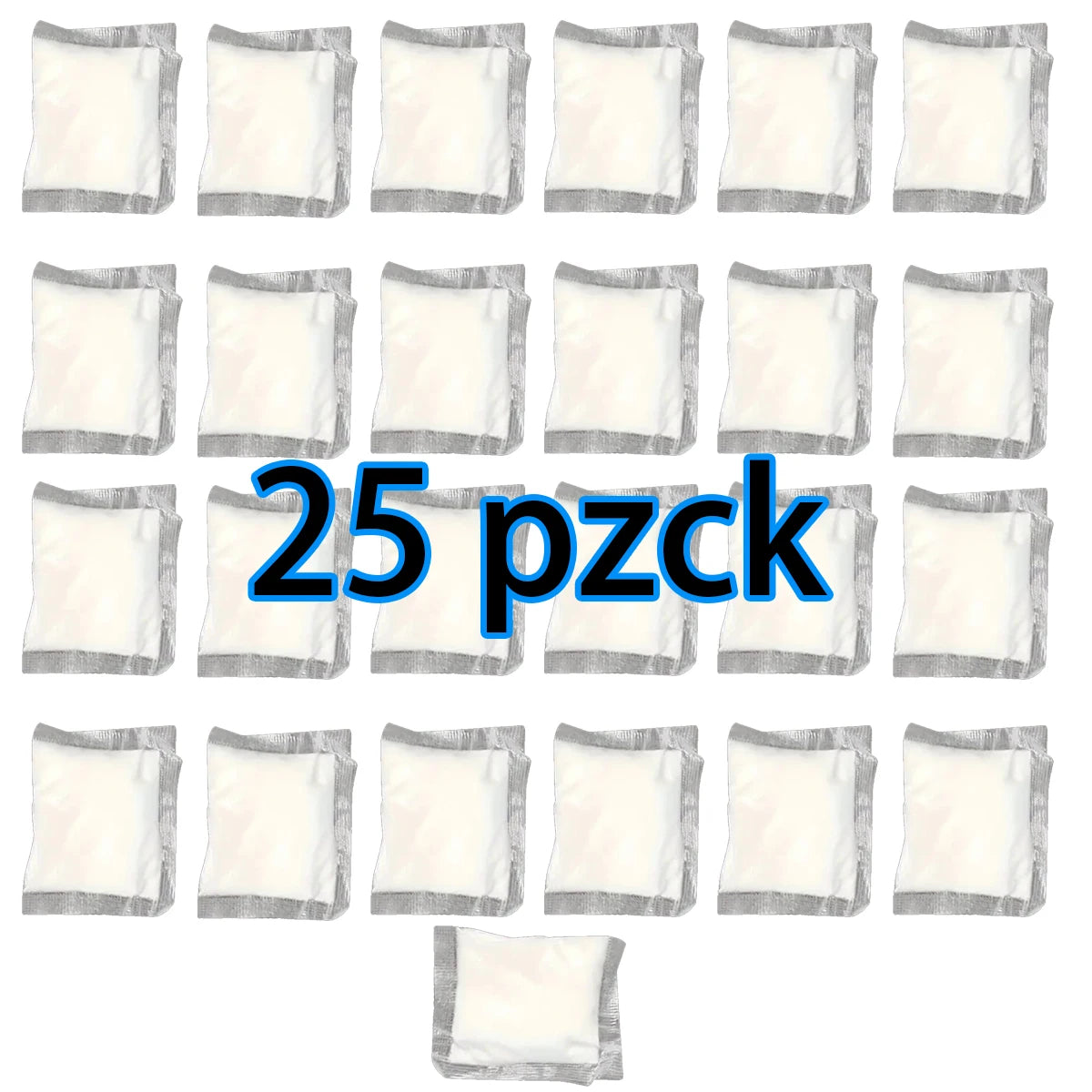 A grid of 25 individual portable toilet absorbent powder packets.