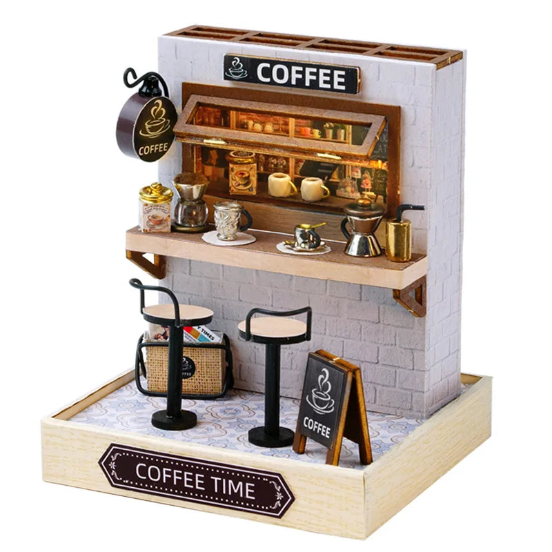 DIY Wooden Dollhouse Miniature Coffee Shop Model Kit