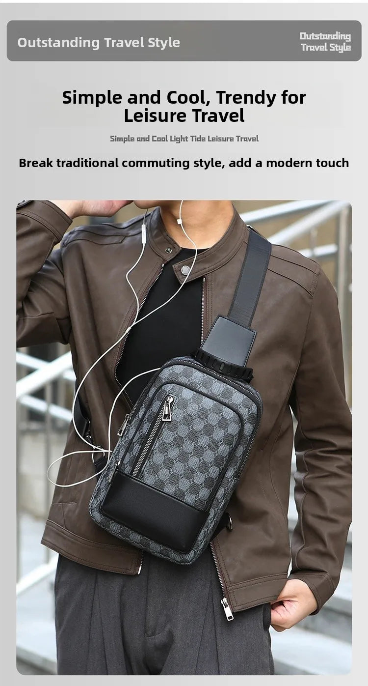 Men's Waterproof PU Leather Crossbody Bag with Geometric Pattern