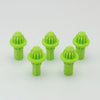 A set of five bright green replacement drivers for a Battling Top, featuring a textured top and cylindrical base.