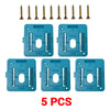 A set of five blue wall-mount holders for Makita 18V batteries and power tools, along with several metal screws.