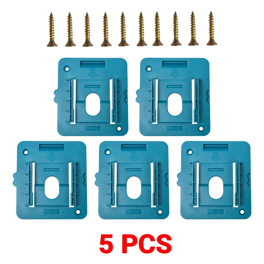 A set of five blue wall-mount holders for Makita 18V batteries and power tools, along with several metal screws.