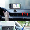 A magnetic phone mount is shown installed in a car dashboard, demonstrating 360-degree horizontal and vertical rotation capab