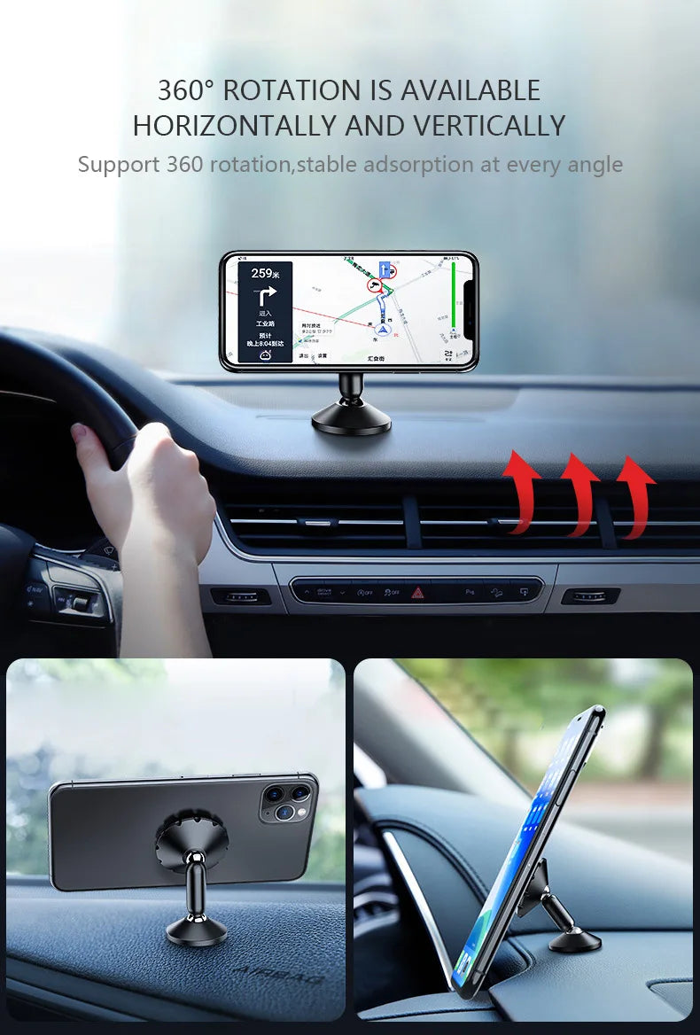 A magnetic phone mount is shown installed in a car dashboard, demonstrating 360-degree horizontal and vertical rotation capab