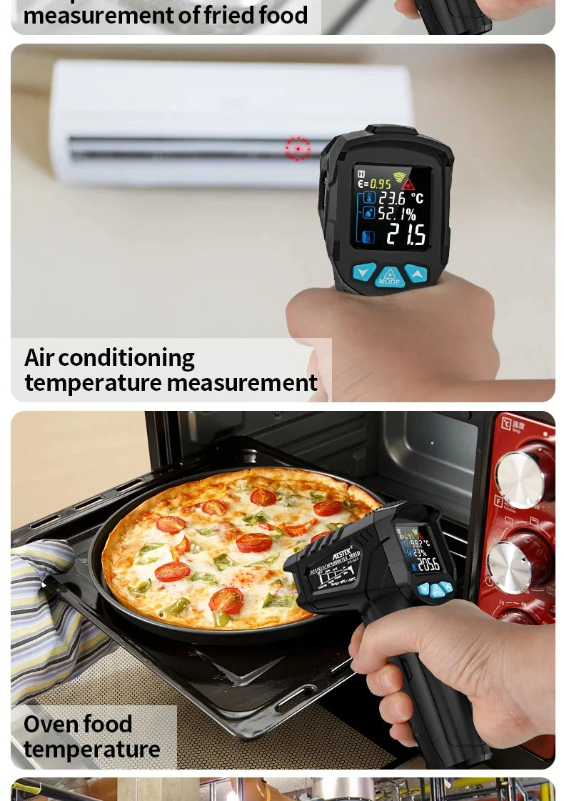 A digital infrared thermometer is measuring the temperature of fried food and oven food inside an oven.